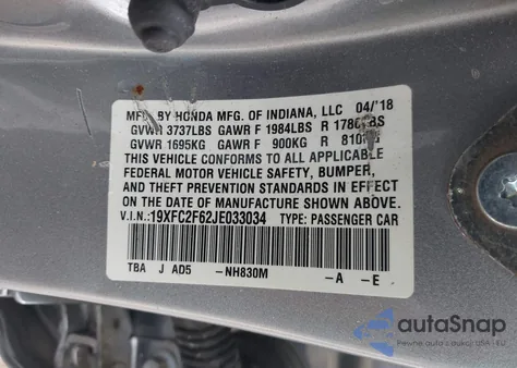 2018 Honda Civic Lx из США, поврежденный, VIN 19XFC2F62JE033034